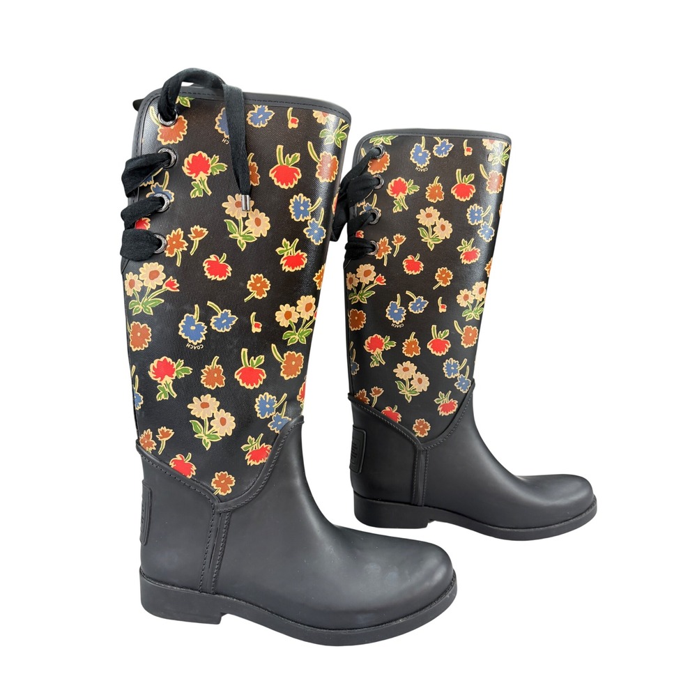 Coach Tristee Floral Rain Boots Black Matte Rubber Tall Lace Back Womens 8B